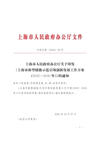 上海市新型储能示范引领创新发展工作方案（2025-2030年）